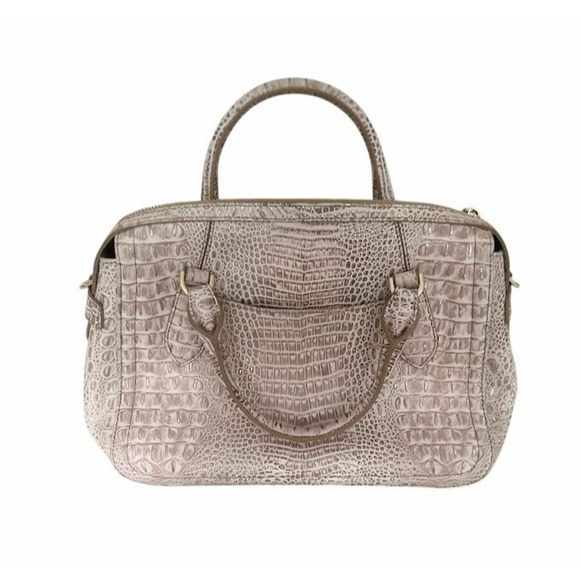 Brahmin Finley Carryall Satchel Bag Large Croc Embossed Leather Tan Cream Purse